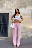 Kadın Pembe Beli Lastikli Rahat Kesim Bürümcük Pantolon HZL25S-DSB163631