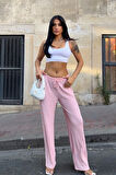 Kadın Pembe Beli Lastikli Rahat Kesim Bürümcük Pantolon HZL25S-DSB163631