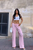 Kadın Pembe Beli Lastikli Rahat Kesim Bürümcük Pantolon HZL25S-DSB163631