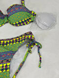 Kadın Yeşil Çok Renkli Etnik Desen Atarlı Bikini Takımı HZL25S-LC8004