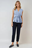 Kadın Mavi Kruvaze Yaka Beli Lastikli Kuşaklı Bluz HZL25S-BD19661