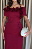 Vivenza Gül Detaylı Omuz Açık Kayık Yaka Uzun Bordo Abiye Elbise, Nişan ve Düğün Zarafeti