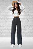 Kadın Antrasit Yüksek Bel Krep Kumaş Likralı Palazzo Pantolon