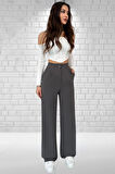 Kadın Antrasit Yüksek Bel Krep Kumaş Likralı Palazzo Pantolon