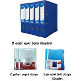 Noki Mavi Geniş Klasör Plastik 5 Adet, 1 Paket Telli Dosya ve Poşet Dosya 2 Paket
