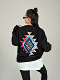 Etnik Desenli Siyah Kadın Sweatshirt COC1094