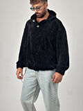 Kadife Dokulu Siyah Oversize Kapüşonlu Erkek Sweatshirt COC1038