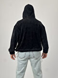 Kadife Dokulu Siyah Oversize Kapüşonlu Erkek Sweatshirt COC1038