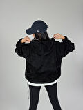Kadife Dokulu Siyah Oversize Kapüşonlu Kadın Sweatshirt COC1186