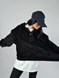 Kadife Dokulu Siyah Oversize Kapüşonlu Kadın Sweatshirt COC1186