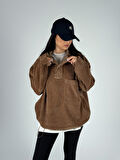 Kadife Dokulu Kahve Oversize Kapüşonlu Kadın Sweatshirt COC1185