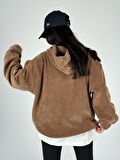 Kadife Dokulu Kahve Oversize Kapüşonlu Kadın Sweatshirt COC1185