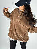 Kadife Dokulu Kahve Oversize Kapüşonlu Kadın Sweatshirt COC1185