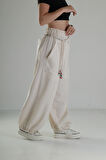 Tasarım Keten Bej Baggy Pantolon COC1291