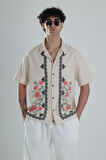 Çiçek Desenli Keten Tasarım Gömlek COC1355