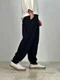 Aerobin - Keten Kumaş Siyah Pileli Pantolon COC2505