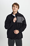 Erkek Siyah Oversize Bol Kesim Bato Yaka Cep Detaylı Fermuarlı Soğuk Geçirmez Polar Sweatshirt