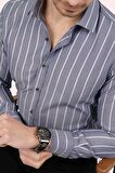 Gri Beyaz Çizgili Slimfit   Gömlek