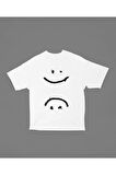 Unisex Smiley Baskılı Tişört, Oversize Gülen Yüz Tişört