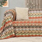 SoftMicro Etnik Desenli Boho 180x300 cm Koltuk Örtüsü Şalı, Kanepe Örtüsü, Tv Battaniyesi  Doğal Renk