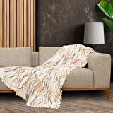 SoftMicro Zikzak Desenli 180x220 cm  Koltuk Örtüsü Şalı , Kanepe Örtüsü, Tv Battaniyesi Krem
