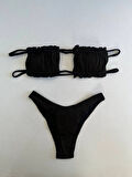 Kadın Siyah İp Bağlamalı Büzgülü Straplez Bikini Takım HZL25S-LC2226
