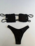 Kadın Siyah İp Bağlamalı Büzgülü Straplez Bikini Takım HZL25S-LC2226