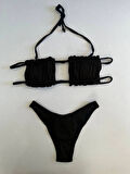 Kadın Siyah İp Bağlamalı Büzgülü Straplez Bikini Takım HZL25S-LC2226