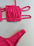 Kadın Pembe İp Bağlamalı Büzgülü Straplez Bikini Takım HZL25S-LC2226