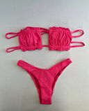 Kadın Pembe İp Bağlamalı Büzgülü Straplez Bikini Takım HZL25S-LC2226