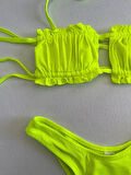 Kadın Neon Yeşil İp Bağlamalı Büzgülü Straplez Bikini Takım HZL25S-LC2226