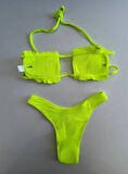 Kadın Neon Yeşil İp Bağlamalı Büzgülü Straplez Bikini Takım HZL25S-LC2226