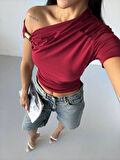 Kadın Bordo Asimetrik Drapelim Omuz Aksesuarlı Sandy Bluz HZL25S-FRY123231