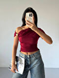 Kadın Bordo Asimetrik Drapelim Omuz Aksesuarlı Sandy Bluz HZL25S-FRY123231