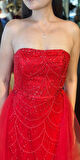 Kırmızı Straplez Yaka Tül Pelerin Etekli Pullu Boncuklu Uzun Abiye Elbise 7705