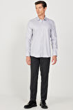 Erkek Gri Ütü Gerektirmez Taılored Slim Fit Dar Kesim Klasik Yaka %100 Pamuk Non-Iron Gömlek