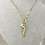 İncili Hareketli Balık Kolye Gold