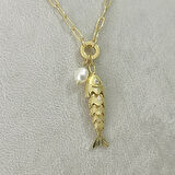 İncili Hareketli Balık Kolye Gold