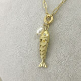 İncili Hareketli Balık Kolye Gold