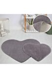 My Evilla Modern Dekoratif Halı Jel Kaymaz Taban Peluş Puffy Kalp Model Gri Paspas Takımı 70x100-70x60
