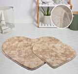My Evilla Modern Dekoratif Halı Jel Kaymaz Taban Peluş Puffy Kalp Model Bej  Paspas Takımı 70x100-70x60