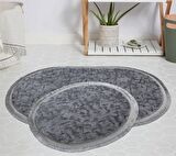 My Evilla Modern Dekoratif Halı Jel Kaymaz Taban Peluş Gri Desenli Saçaklı Oval Paspas Takımı 50x80