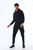 Erkek Iki Iplik Kumaş Sweatshirt Kapüşonlu Lacivert Bel Lastikli Eşofman Takımı - 7720