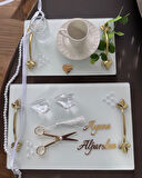 Adore Gold Beyaz İncili Söz Tepsisi Nişan Tepsisi ve Damat Kahve Fincan Tepsisi