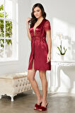 Pierre Cardin Saten Dantelli Midi Sabahlık 1020 Bordo