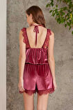 Pierre Cardin Dantelli Kadife Tulum Sabahlık Takım 4800 Bordo