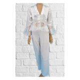 Pierre Cardin 1100 Ekru Saten Uzun Kollu Kadın Pijama Takımı