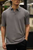 GLASSES V Yaka Oversize Fitilli T-Shirt - Gri