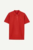 Regular Fit Kırmızı Pike Dokulu %100 Pamuk Kıvrılmaz Polo Yaka Nakışlı T-shirt 4HC14ORT51000