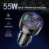 Coofbe Super Şarj 4 Port 55W Araç Şarjı Araç Çakmaklık Şarjı 2x Usb 2x Type-c Araç Şarj Çoklayıcı